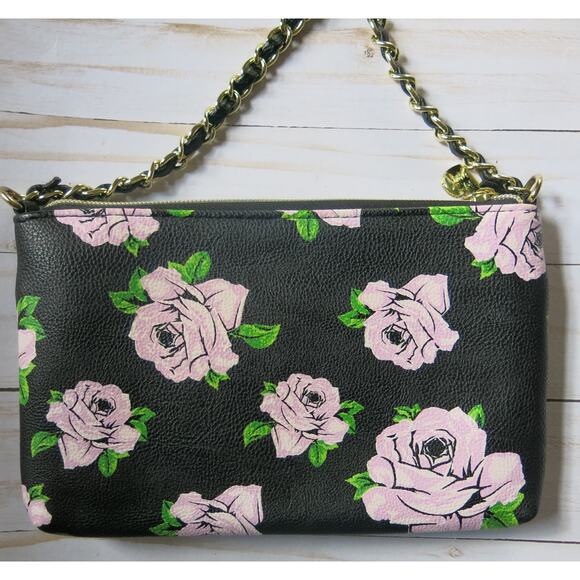 BETSEY JOHNSON Mini Cross Body Purse Wallet Bag Black/Roses Chain Strap - Picture 5 of 12